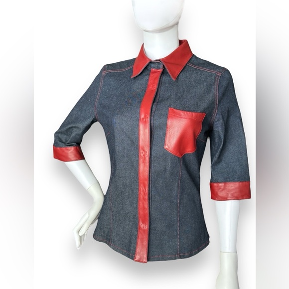 Vintage 1990s Dolce & Gabbana Denim Jacket Top with Red Leather Trim - Picture 3 of 10